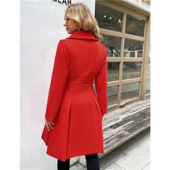 Women's Trench Coat Notch Lapel Double Breasted Thick A Line Pea Coat, Red - Picture 4 of 6